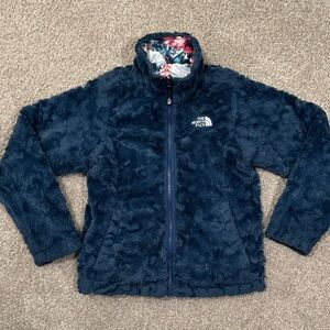 EUC North Face Mossbud Navy Floral Reversible Jacket Girls, Size Medium (10/12)